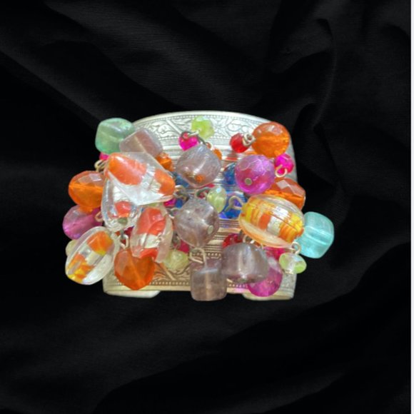 VINTAGE BRACELET -- Wide Silver Cuff Bracelet with Beads & Crystals, Aztec Vibe - Picture 2 of 8